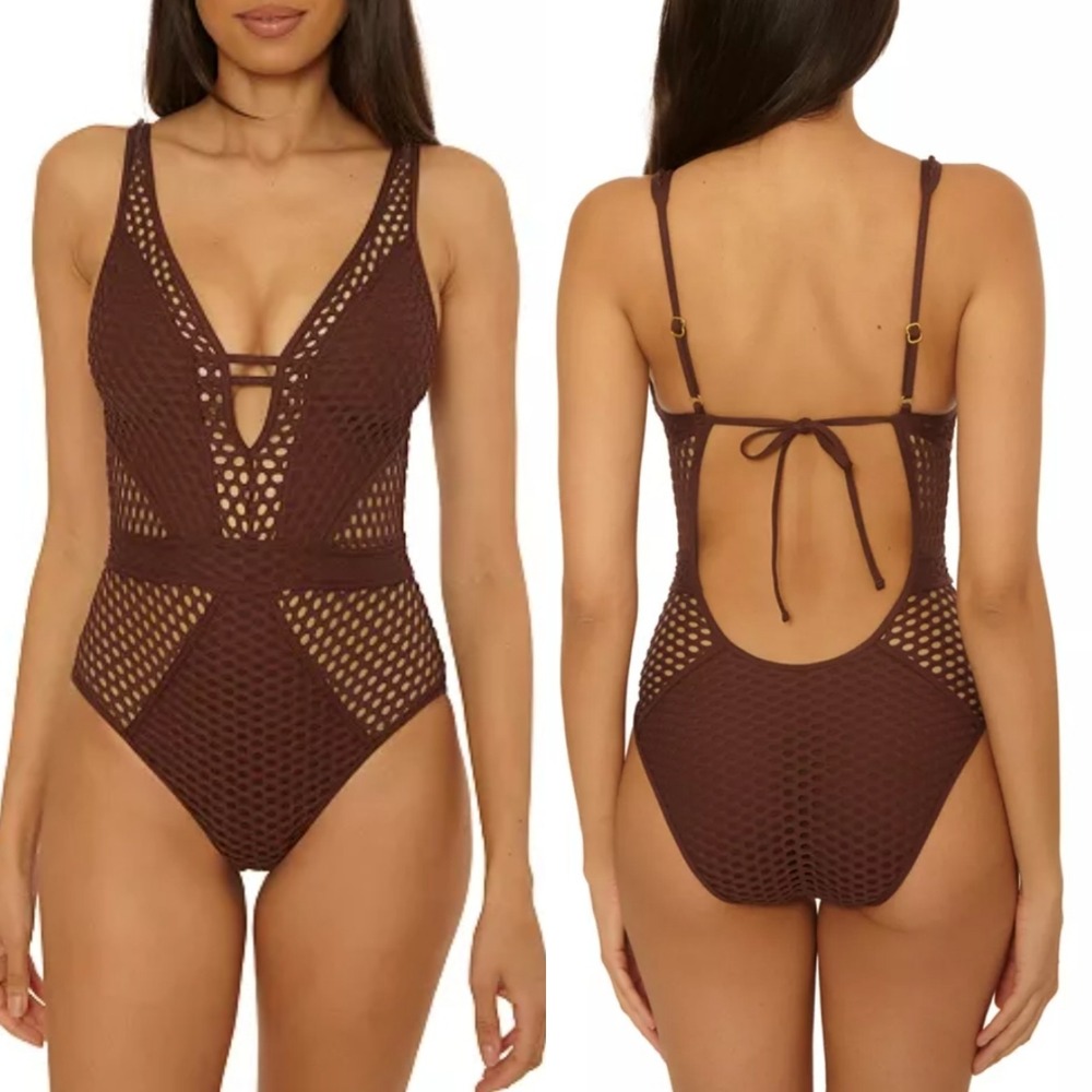 New BECCA by Rebecca Virtue Castaway Fishnet One Piece Swimsuit Brown M Medium